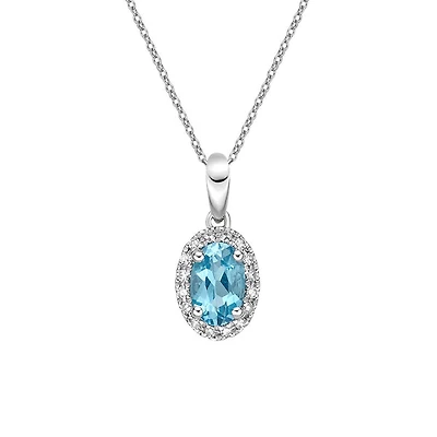 10K White Gold Swiss Blue Topaz and Diamond Pendant 