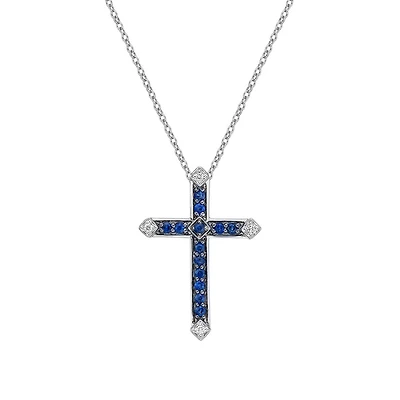 10K White Gold Sapphire & diamond cross pendant