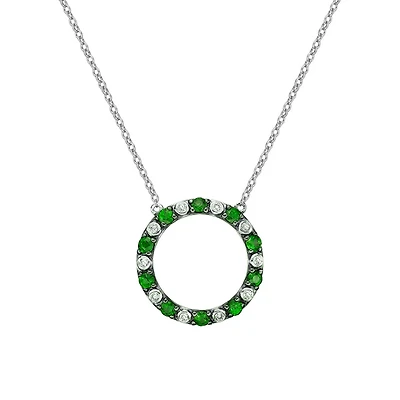 10K White Gold Emerald & diamond circle of love necklace