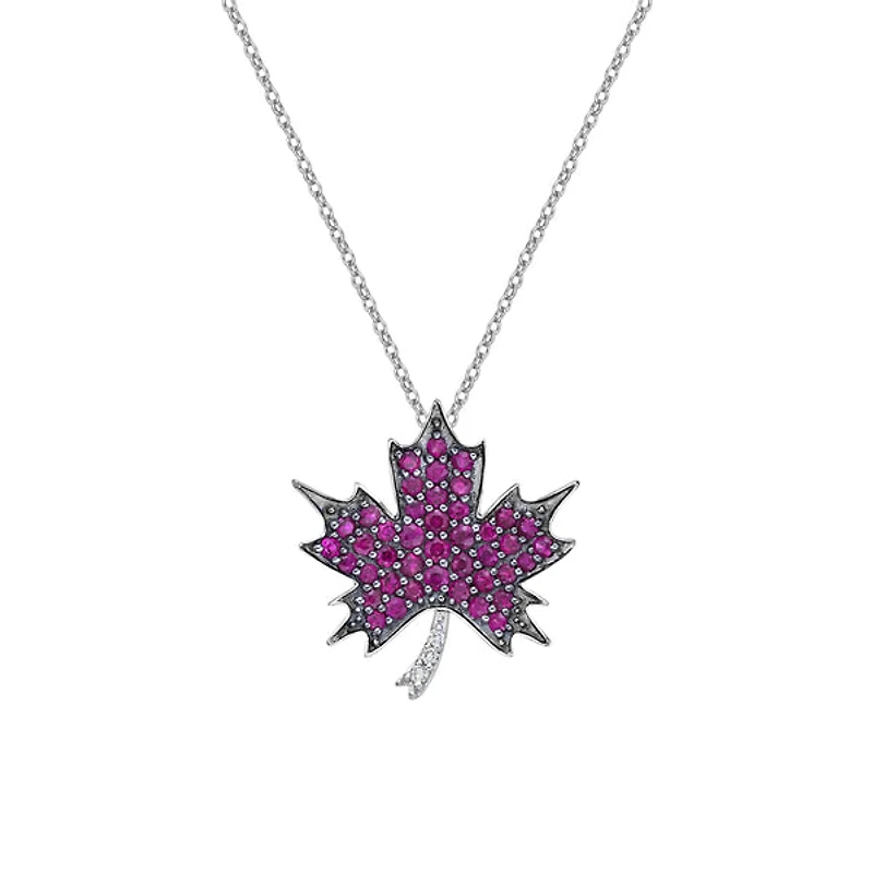 10K White Gold Ruby & diamond maple leaf pendant