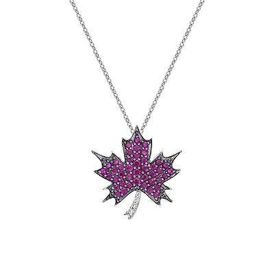 10K White Gold Ruby & diamond maple leaf pendant