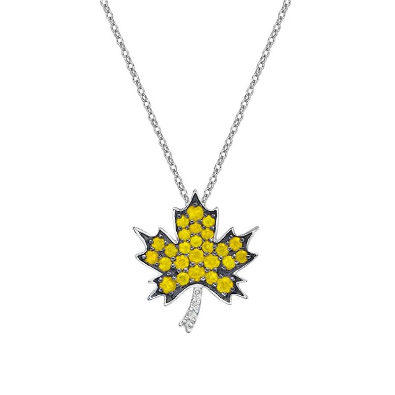 10K White Gold Yellow Sapphire & diamond maple leaf pendant