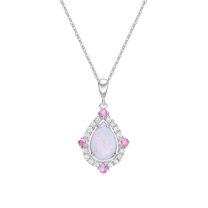 10K White Gold Prong-set White Opal Pendant with Sapphires & Diamonds