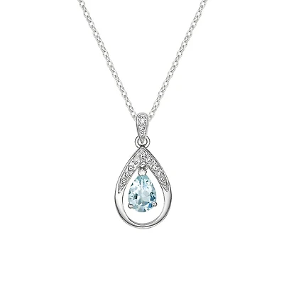 10K White Gold Aquamarine & diamond pendant with chain