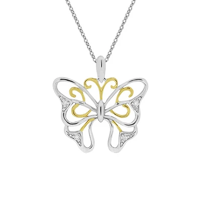 10K 2 Tone Gold 0.02cttw Diamond Butterfly Pendant, 18"