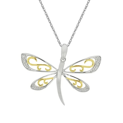10K 2 Tone 0.02cttw Diamond Dragonfly Pendant, 18"