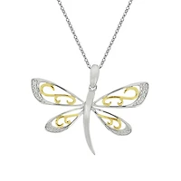 10K 2 Tone 0.02cttw Diamond Dragonfly Pendant, 18"