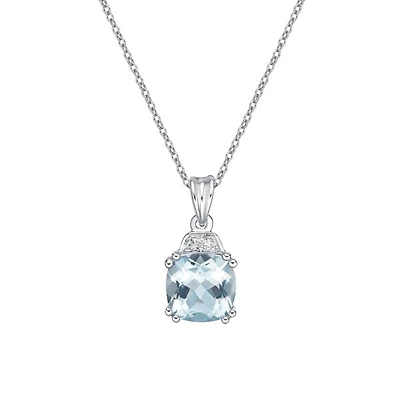 10K White Gold 6.0mm Cushion Cut Aquamarine & 0.01cttw Diamond Pendant - 18"