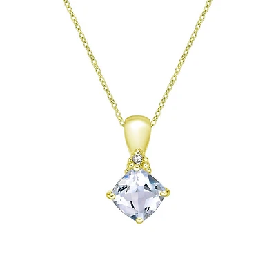 10K Gold Prong-set Aquamarine pendant with diamond accent - White gold