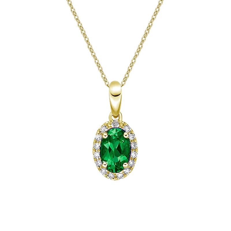 10K Yellow Gold Prong-set Emerald pendant with diamond halo