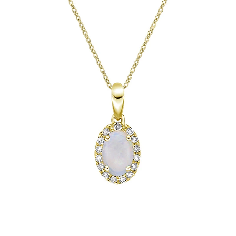 10K Yellow Gold Prong-set White Opal Pendant with Diamond Halo