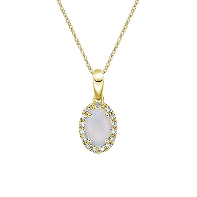 10K Yellow Gold Prong-set White Opal Pendant with Diamond Halo