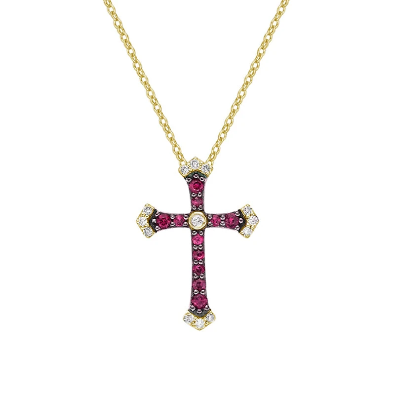 10K Yellow Gold Ruby cross pendant with diamonds