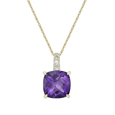 10K Yellow Gold Prong-set Amethyst pendant with diamond accent