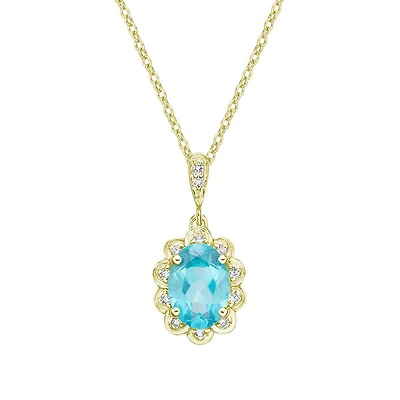 10K Yellow Gold Prong-set Blue Topaz pendant with diamond halo
