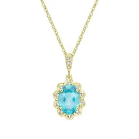 10K Yellow Gold Prong-set Blue Topaz pendant with diamond halo