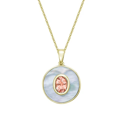 10K Yellow Gold Morganite and Mother of Pearl pendant with chain