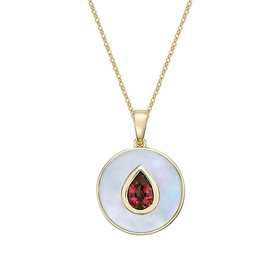 10K Yellow Gold Garnet and Mother of Pearl pendant with chain