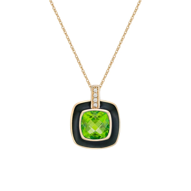 10K Yellow Gold Peridot and diamond pendant with enamel