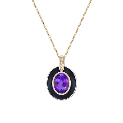 10K Yellow Gold Bezel-set Amethyst and diamond pendant with enamel