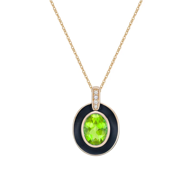 10K Yellow Gold Bezel-set Peridot and diamond pendant with enamel