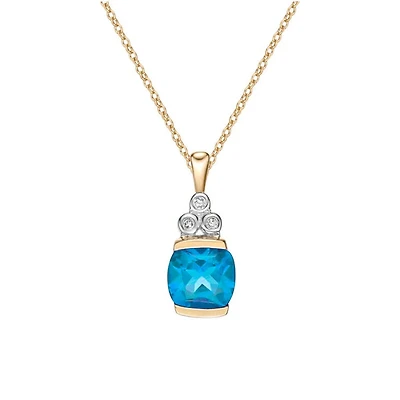 10K Yellow Gold Swiss Blue Topaz and Diamond Pendant, 18"