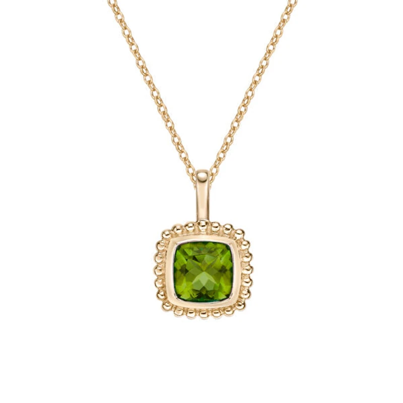 10K Yellow Gold 5mm Cushion Cut Peridot Pendant - 18 Inches