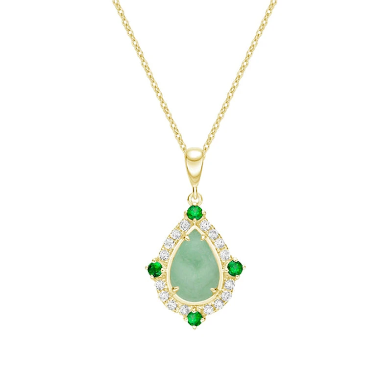 10K Yellow Gold Prong-set Jadeite Pendant with Emeralds & Diamonds