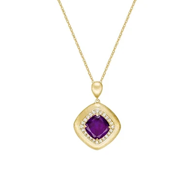 10K Yellow Gold Brushed Amethyst & Diamond pendant