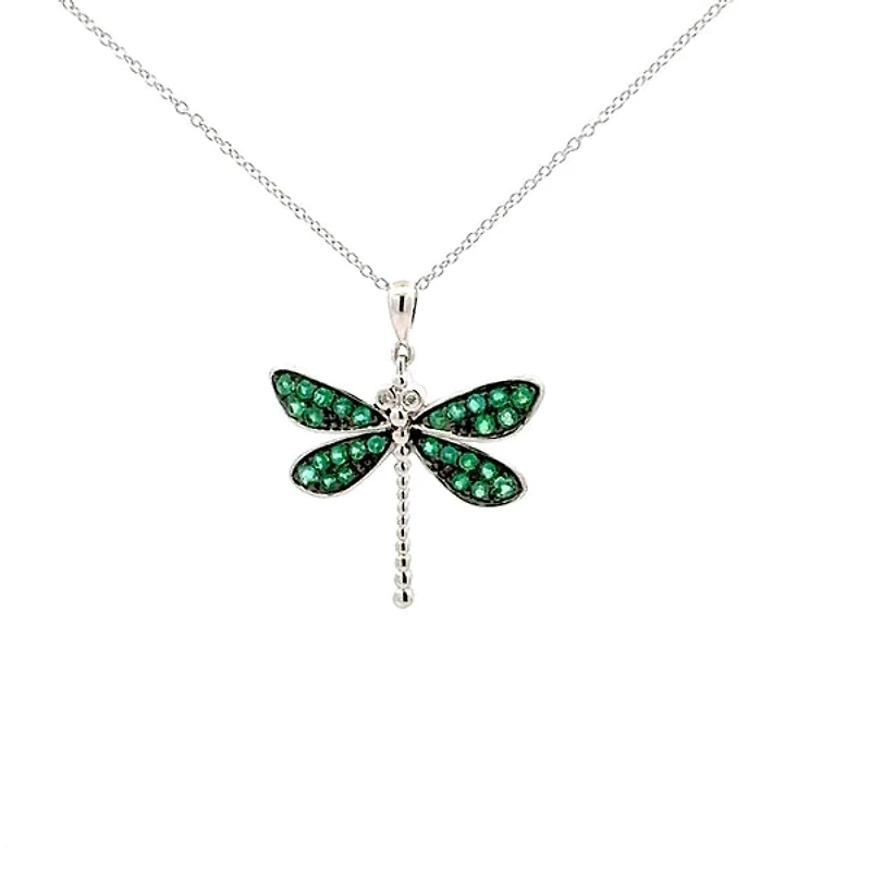 10K White Gold Emerald and Diamond Dragonfly Necklace