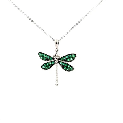 10K White Gold Emerald and Diamond Dragonfly Necklace