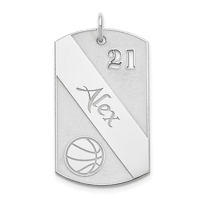 925 Sterling Silver Rhodium Plated Polished Basketball Dog Tag Pendant - MADE TO ORDER