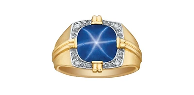 10K Gold Synthetic Star Sapphire and Diamond Gents Ring - /