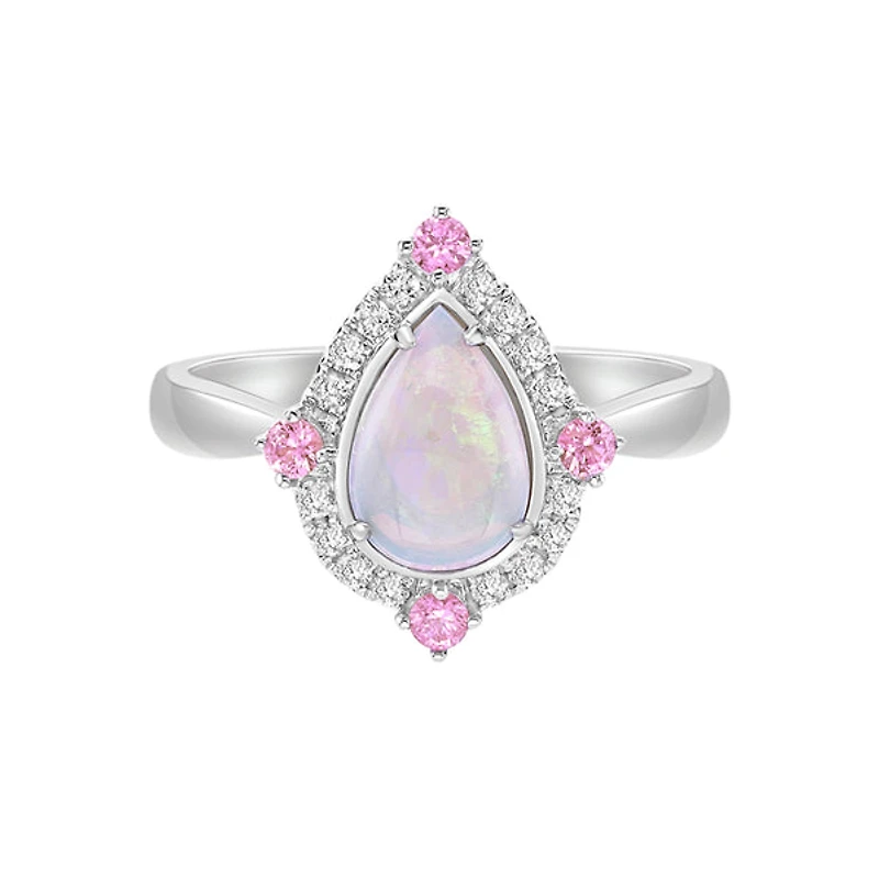 10K White Gold Prong-set White Opal Ring with Sapphires & Diamonds
