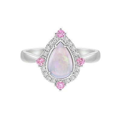 10K White Gold Prong-set White Opal Ring with Sapphires & Diamonds