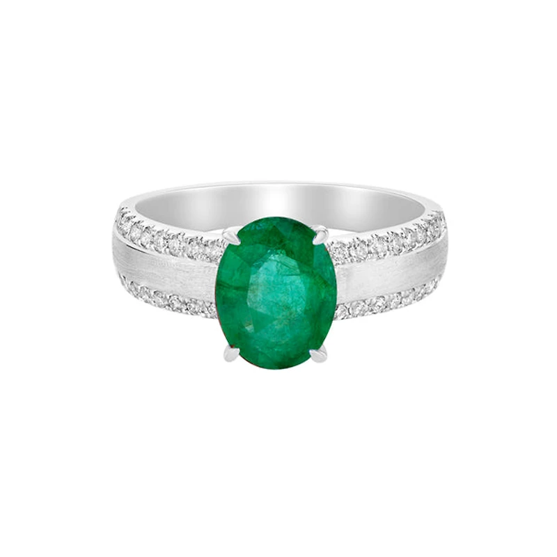 14K White Gold Brushed Emerald & Diamond ring