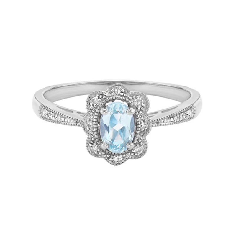 10K White Gold 0.35cttw Aquamarine and 0.055cttw Diamond Ring, size 7