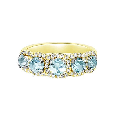 10K Yellow Gold Five stone Aquamarine & Diamond band