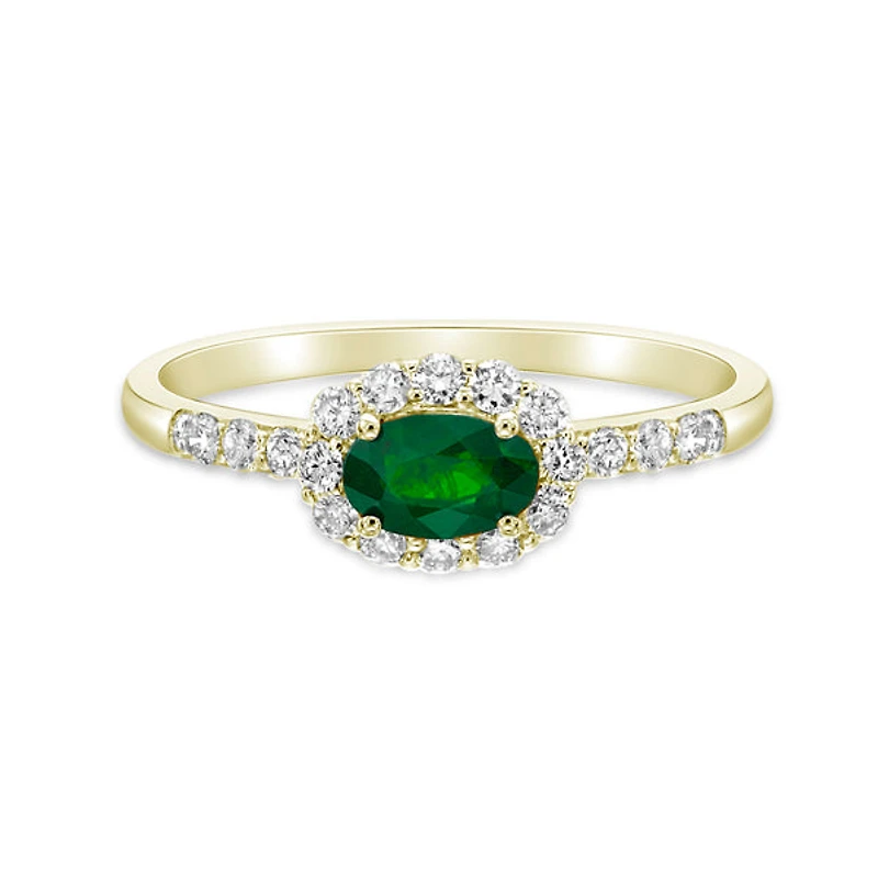 14K Yellow Gold Emerald ring with Diamond halo