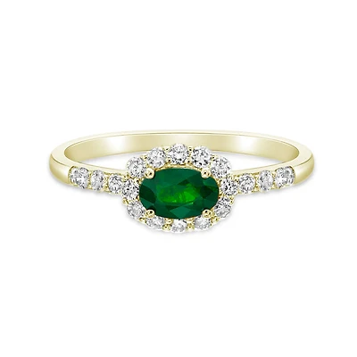 14K Yellow Gold Emerald ring with Diamond halo