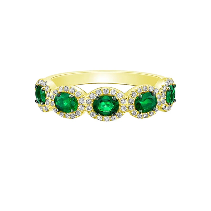 14K Yellow Gold Prong-set Emerald Ring with Diamond Halo