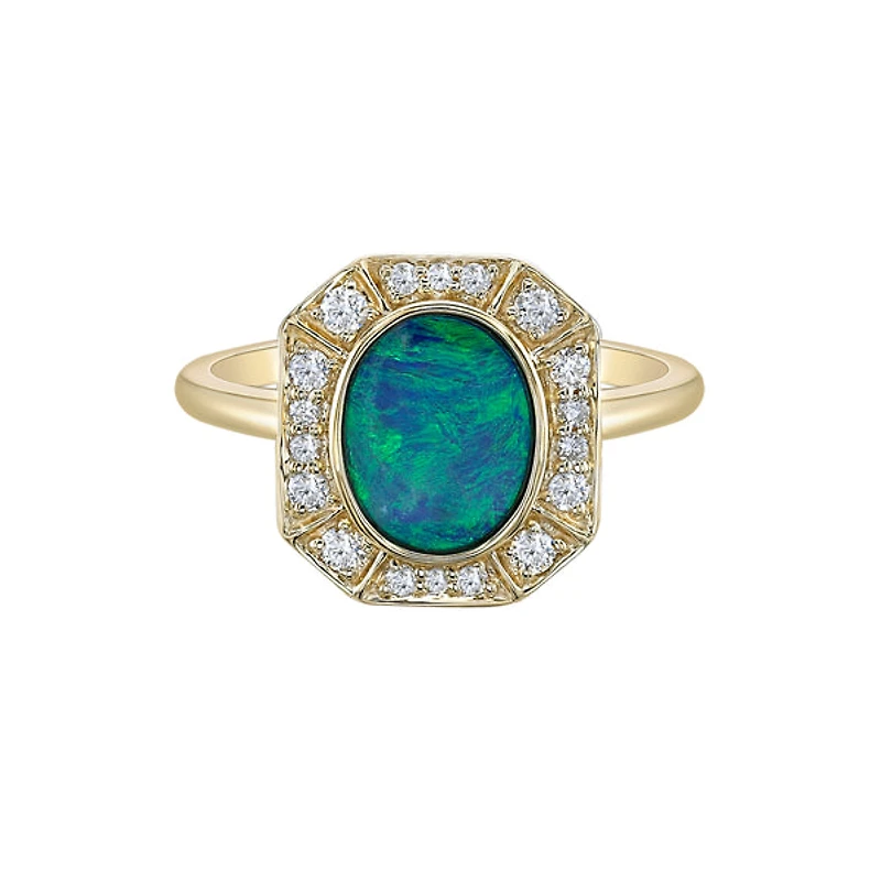 10K Yellow Gold Bezel-set Australian Opal doublet ring with Diamond Halo