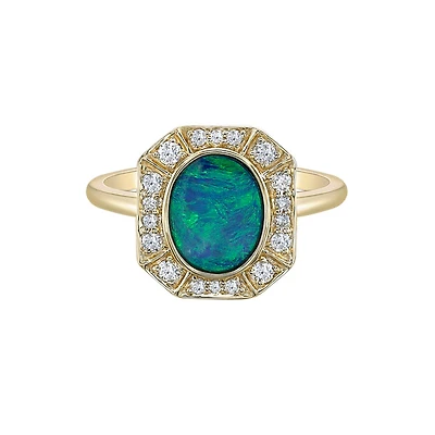 10K Yellow Gold Bezel-set Australian Opal doublet ring with Diamond Halo