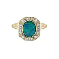 10K Yellow Gold Bezel-set Australian Opal doublet ring with Diamond Halo