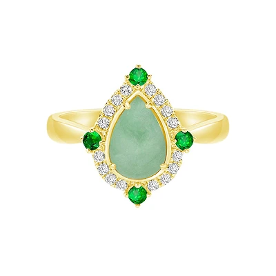 10K Yellow Gold Prong-set Jadeite Ring with Emeralds & Diamonds