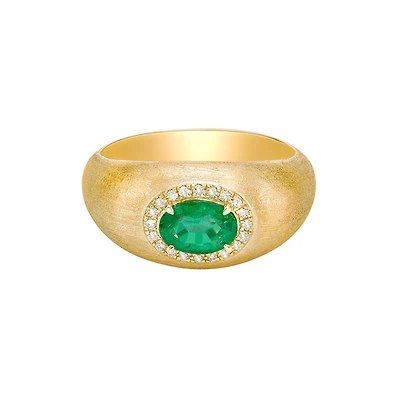 14K Gold Brushed Emerald & Diamond ring