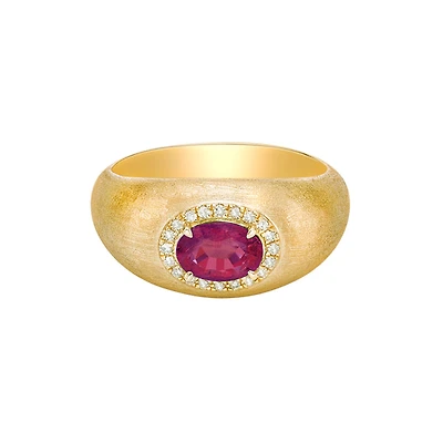 14K Yellow Gold Brushed Ruby & Diamond ring