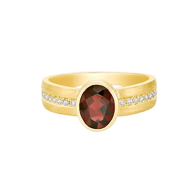 10K Yellow Gold Brushed Garnet & Diamond ring