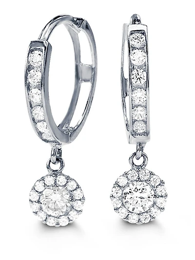 10K White Gold Huggie Dangling Earrings with Cubic Zirconia  - 10mm