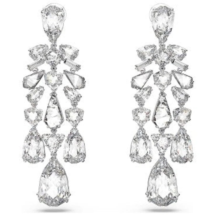 Swarovski Mesmera clip earrings, Mixed cuts, Chandelier, White, Rhodium plated 5661691 - Discontinued